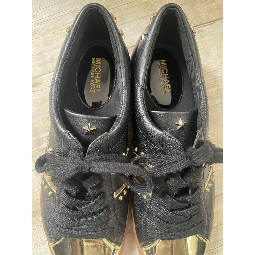 Michael Kors Frankie‎ Stripe Black Gold Leather Shoes Women Size 7 - Picture 3 of 7